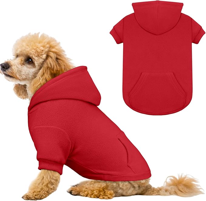 Extra Small Dog Sweater,Dog Hoodie,Warm Fleece Sweatshirt with Hood & Pocket,Leash Hole,Cozy Cold Weather Cat Pet Clothes Puppy Sweater for Small Dogs(Red,XS)