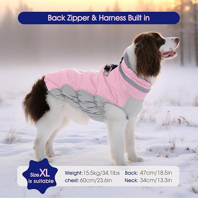 FUAMEY Dog Coat for Medium Dogs,Waterproof Dog Winter Jacket with Harness Built in Puppy Cold Weather Coats Reflective Pet Vest with Zipper Warm Fleece Dogs Snowsuit Windproof Pink M