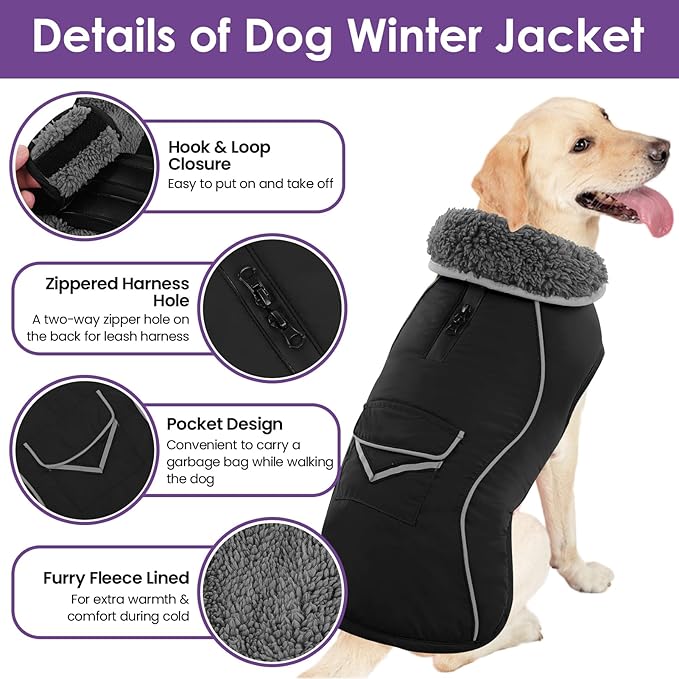 SUNFURA Dog Coat, Large Dog Jacket Reflective Winter Coat for Cold Weather, Windproof Pet Snow Jacket with Pocket, Warm Fleece Sweater Clothes for Large Dogs, Black L