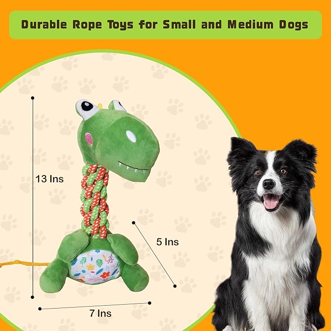 Knots Twists Dog Toy, Squeaky Rope Chew Toy for Small & Medium Dogs, Indestructible Tug of War Toy for Aggressive Chewers & Puppies, Dental Chew Toys to Clean Teeth & Relieve Boredom (Dinosaur)