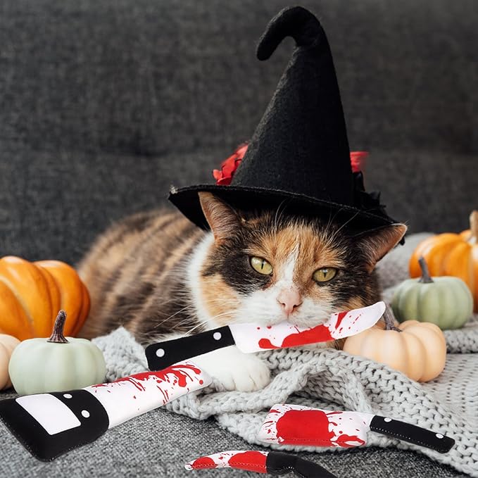 EXPAWLORER Cat Catnip Toys- 6 Pcs Halloween Interactive Stuffed Knife Nip Toy for Indoor Cats, Bite Resistant Chew Toys Teeth Cleaning Gift for Kitten