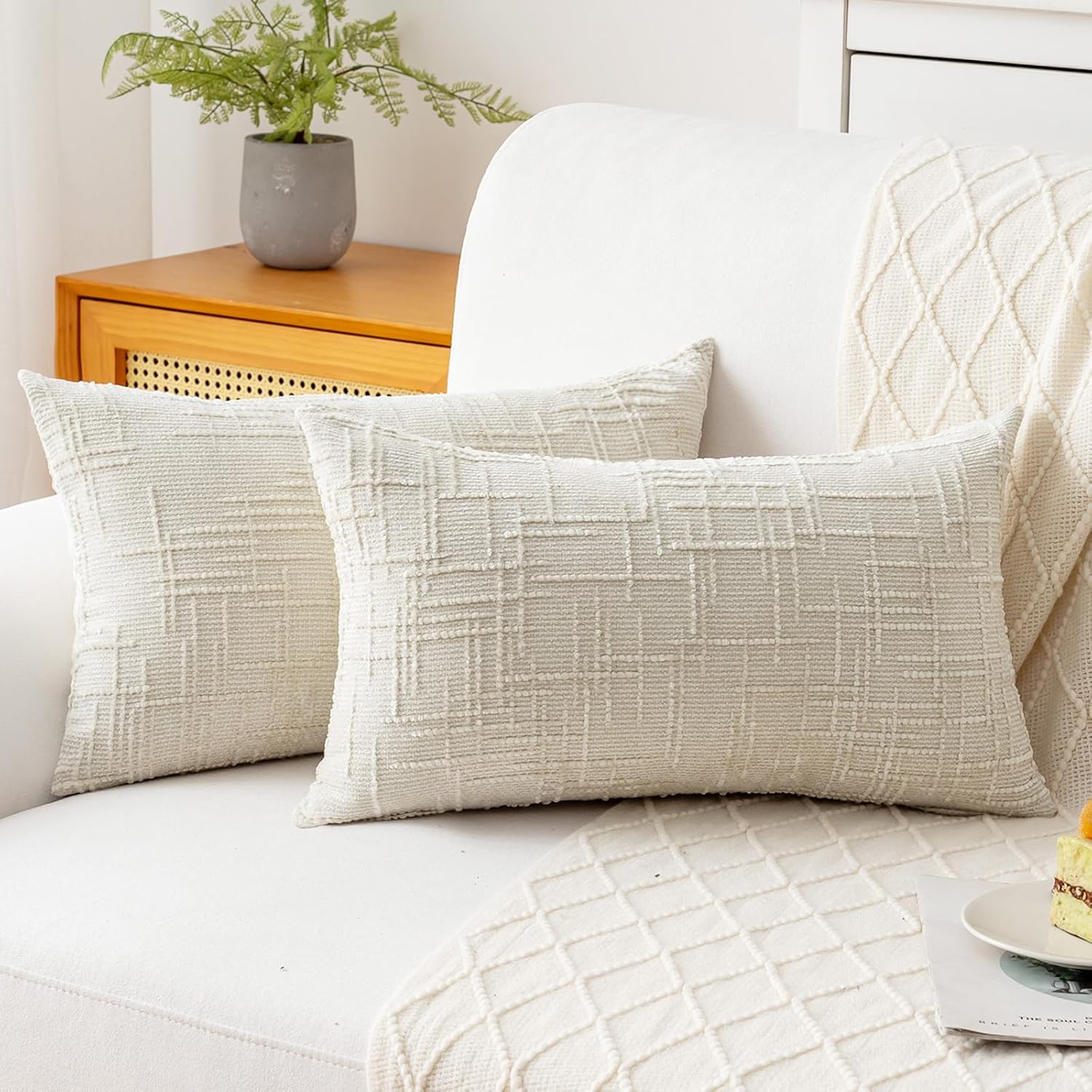 Decorative Throw Pillow Covers 12x20 Inch Set of 2, Soft Solid Farmhouse Chenille Couch Pillows, Spring Pillow Covers for Couch Sofa Bed Living Room Home Decor Pillowcase, Cream White