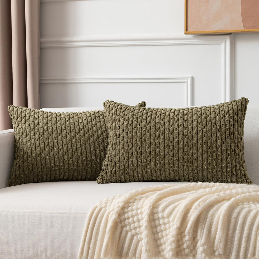 Kevin Textile 12x24 Inch Pillow Cover 1 Pack Boho Decorative Soft Striped Corduroy Lumbar Farmhouse Color Accent Rectangle Cushion Case for Living Room Couch Sofa Bed, Olive Green