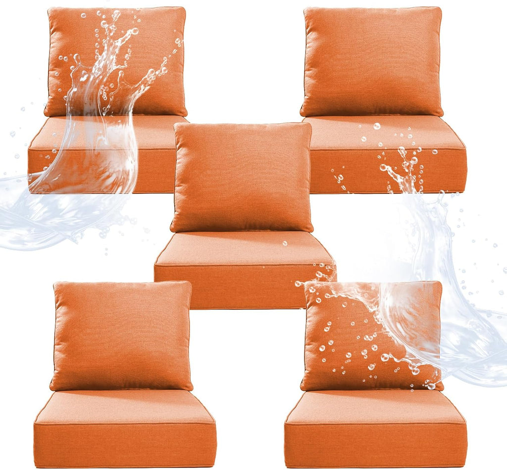6" Thicker Outdoor Chair Cushion 5 Sets - 24" *24" *6" Waterproof Patio Furniture Cushions with Removable Cover, 28D High Density Sponge Filling Thicken Outdoor Patio Cushions - Orange