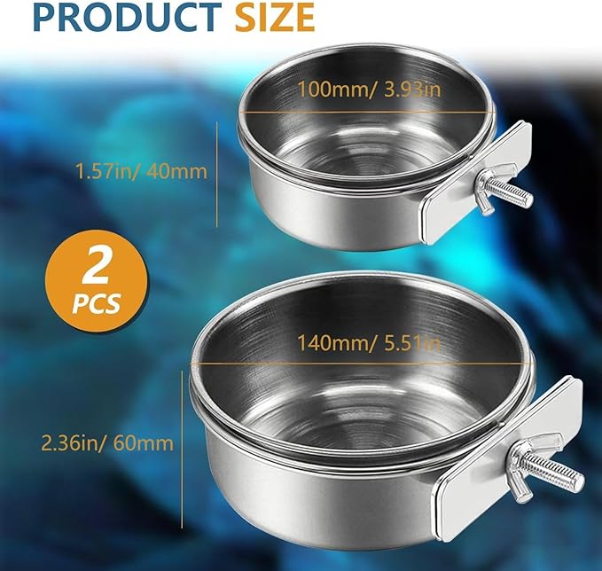 2Pcs Stainless Steel Bird Feeding Bowls, Small Bird Feeding Cup, Stainless Steel Parrot Food Bowl Cage with Holder, Parrot Cage Water Feeder, Pet Cage Cup Holder (Dia 3.93", 5.51",)