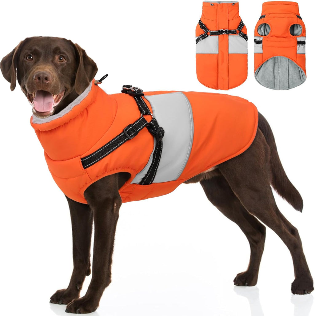 SUNFURA Dog Coat, XXXL Dog Jacket Winter with Harness Built in, Waterproof Pet Snow Jacket with Furry Collar for Chilly Day, Reflective Fleece Snowsuit for Extra Large Dogs, Orange 3XL
