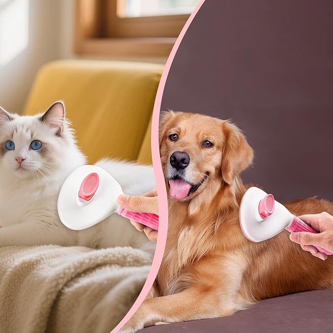Depets Self Cleaning Slicker Brush, Dog Cat Bunny Pet Grooming Shedding Brush - Easy to Remove Loose Undercoat, Pet Massaging Tool Suitable for Pets with Long or Short Hair Pink