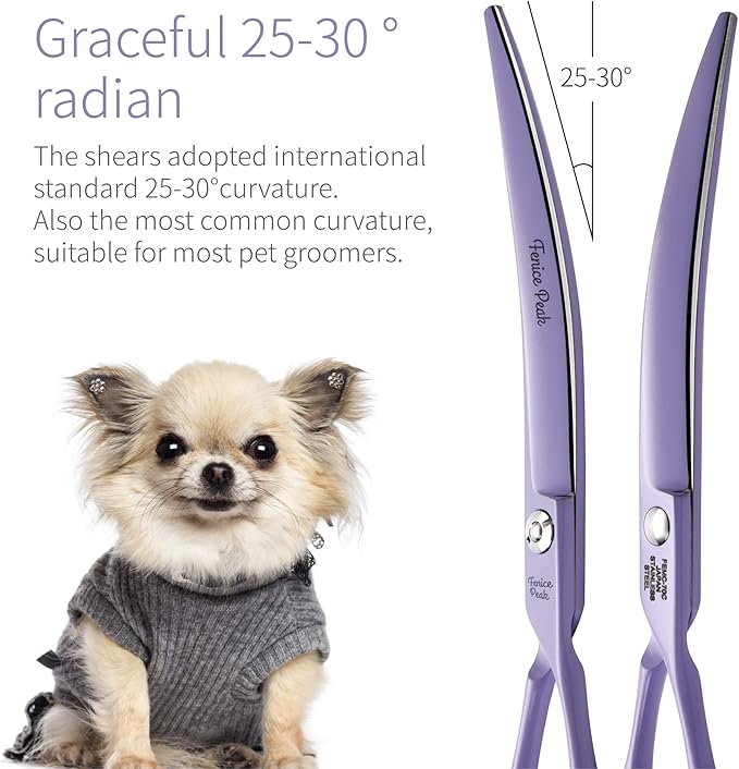 Fenice Peak Curved Dog Grooming Scissors with Violet Color Coating 440C Stainless Steel Pet Grooming Bending Shears Sharp and Durable Comfortable Engonomic Handle