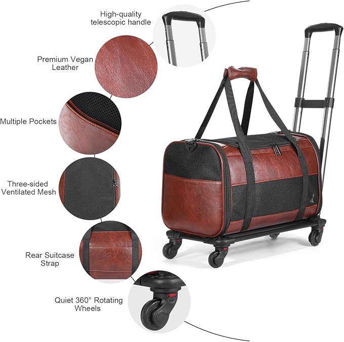 Airline Approved Pet Carrier with Wheels, Rolling Soft Sided Dog Cat Travel Bag, Premium Fashion Leather Small Pet Carrier Purse for Puppies and Cats Coffee