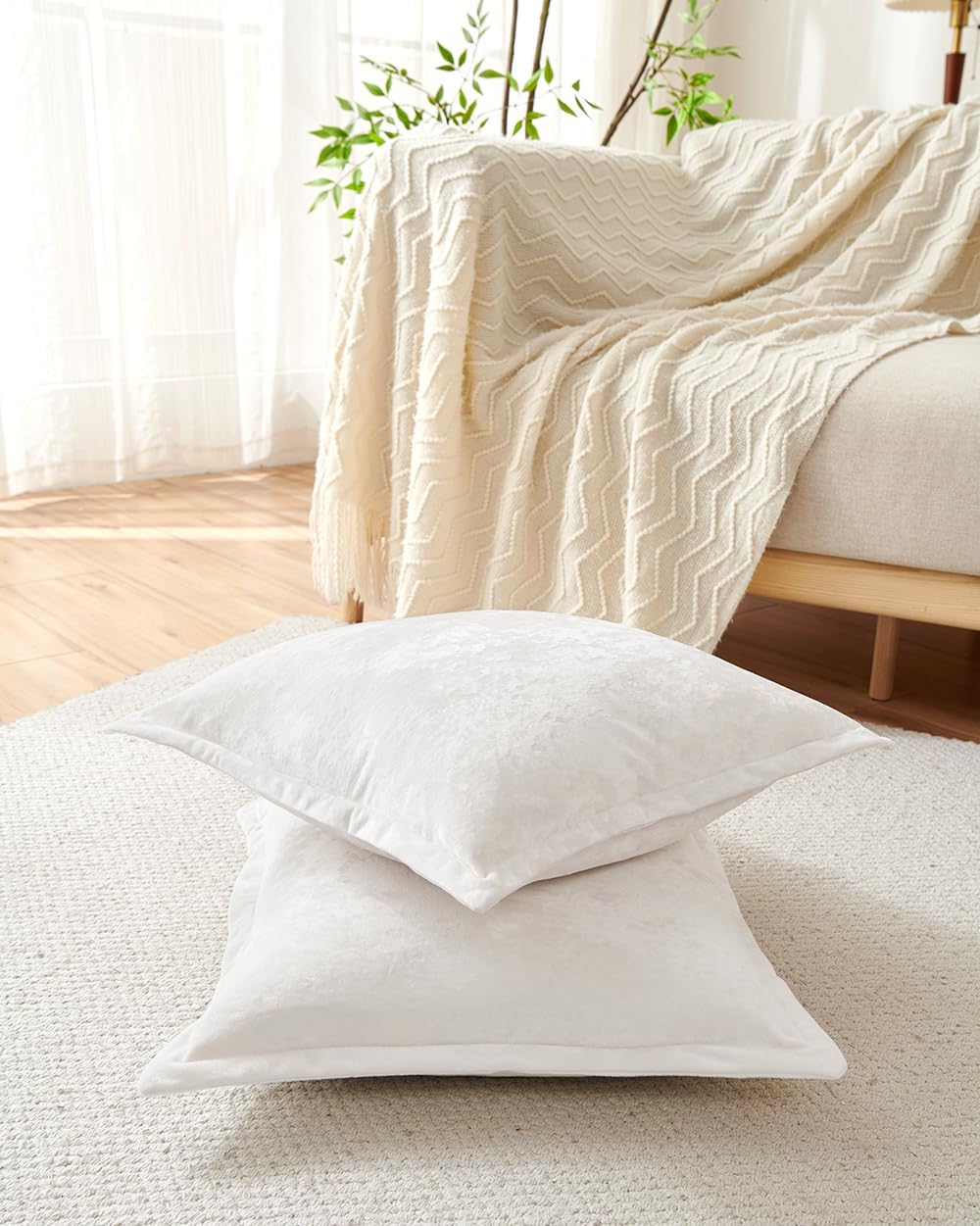Luxurious Velvet Euro Shams Decorative Throw Pillow Covers 26x26 Set of 2 Solid Square Euro Pillow Shams for Sofa Couch Bedroom, Off White