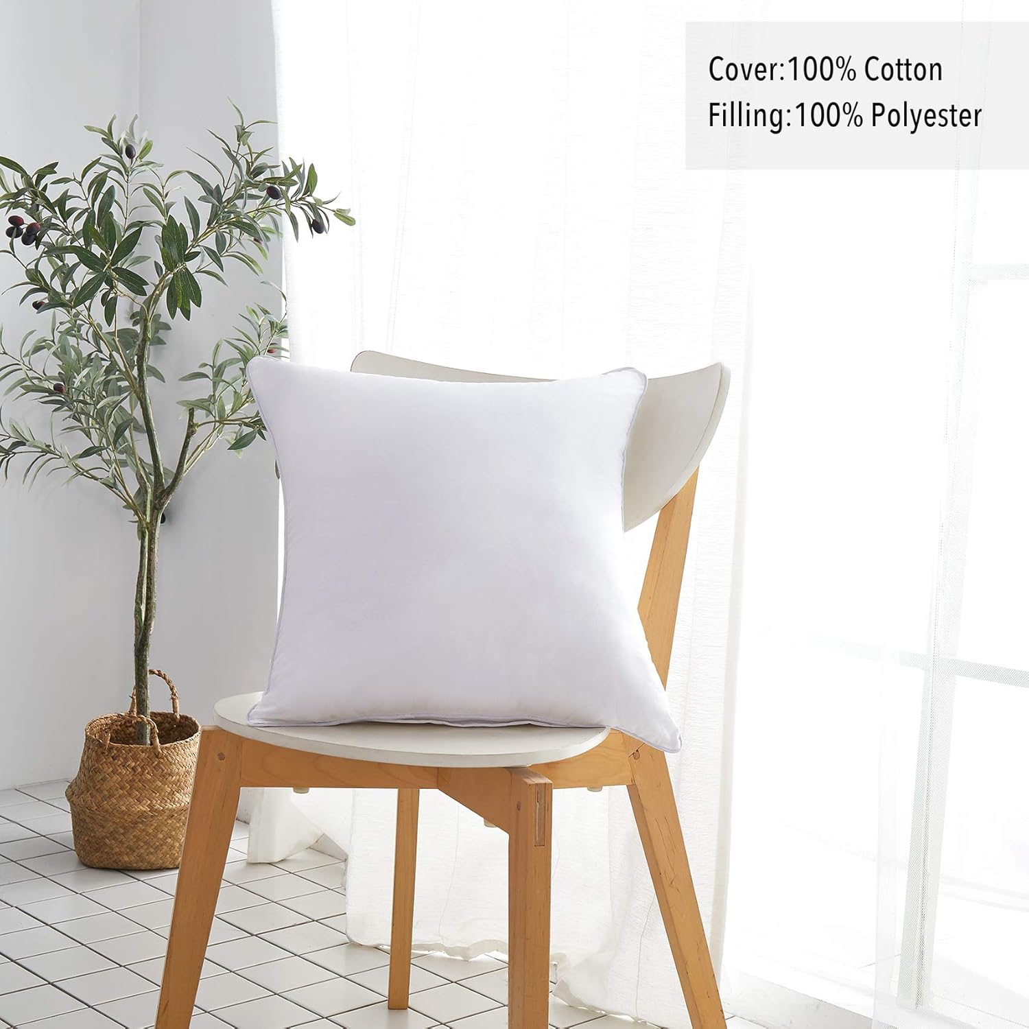 Oubonun 22 x 22 Throw Pillow Inserts (Set of 2) with 100% Cotton Cover - 22 Inch Square Interior Sofa Decorative Pillow Insert Pair - White Couch Pillow