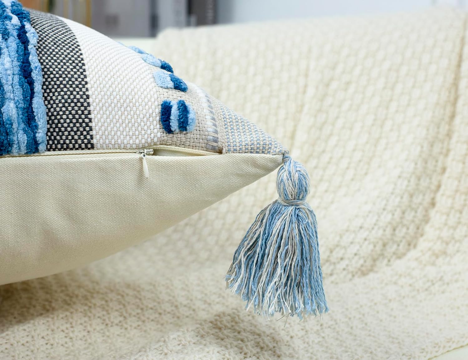 PANOD Chenille Farmhouse Throw Pillow Covers 16 x 16 Blue, Neutral Boucle Couch Pillow Cover, Striped Decorative Boho Coushion Cover Pillow Case for Couch Bed Sofa Bedroom,Modern Accent,Set of 2