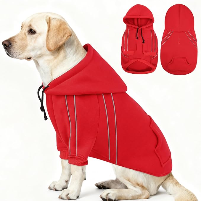 ASENKU Cozy Dog Hoodie，Soft Sweater with Adjustable Hood, Back Pocket and Leash Access Hole，Warm Reflective Sweatshirt for Cold Weather（Red，2XL