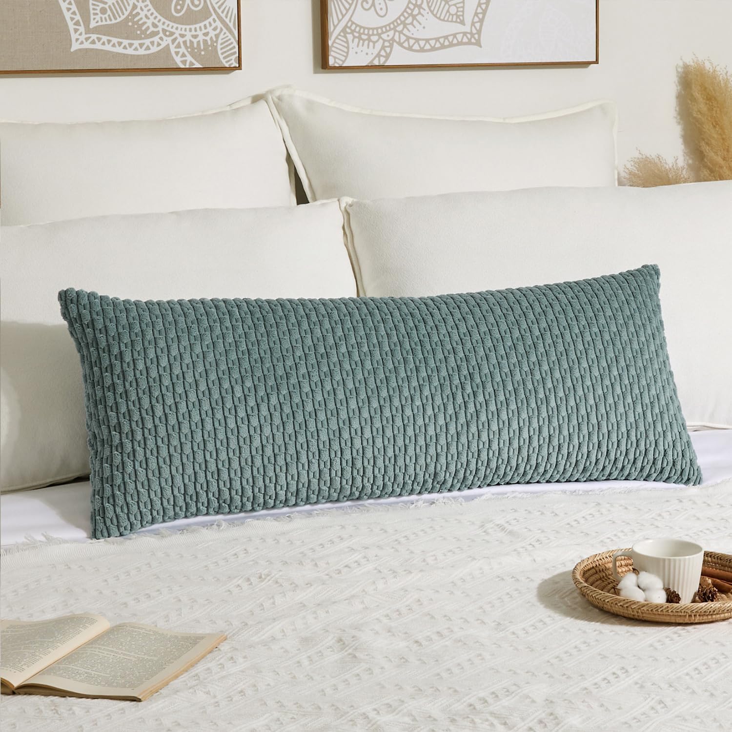 Kevin Textile 14x36 Inch Long Lumbar 1 Pack Boho Decorative Throw Pillow Cover Soft Striped Corduroy Rectangle Cushion Case Farmhouse Solid Color Accent for Living Room Couch Sofa Bed, Teal Green
