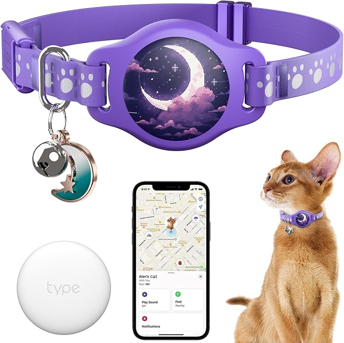 Cat Tracker Collar - Waterproof Airtag Cat Collar with Finder Tag (iOS ONLY), Compatible with Apple Find My, Breakaway Tractive Design with Reflective Pattern & Bell, Purple(Not for Android Devices)
