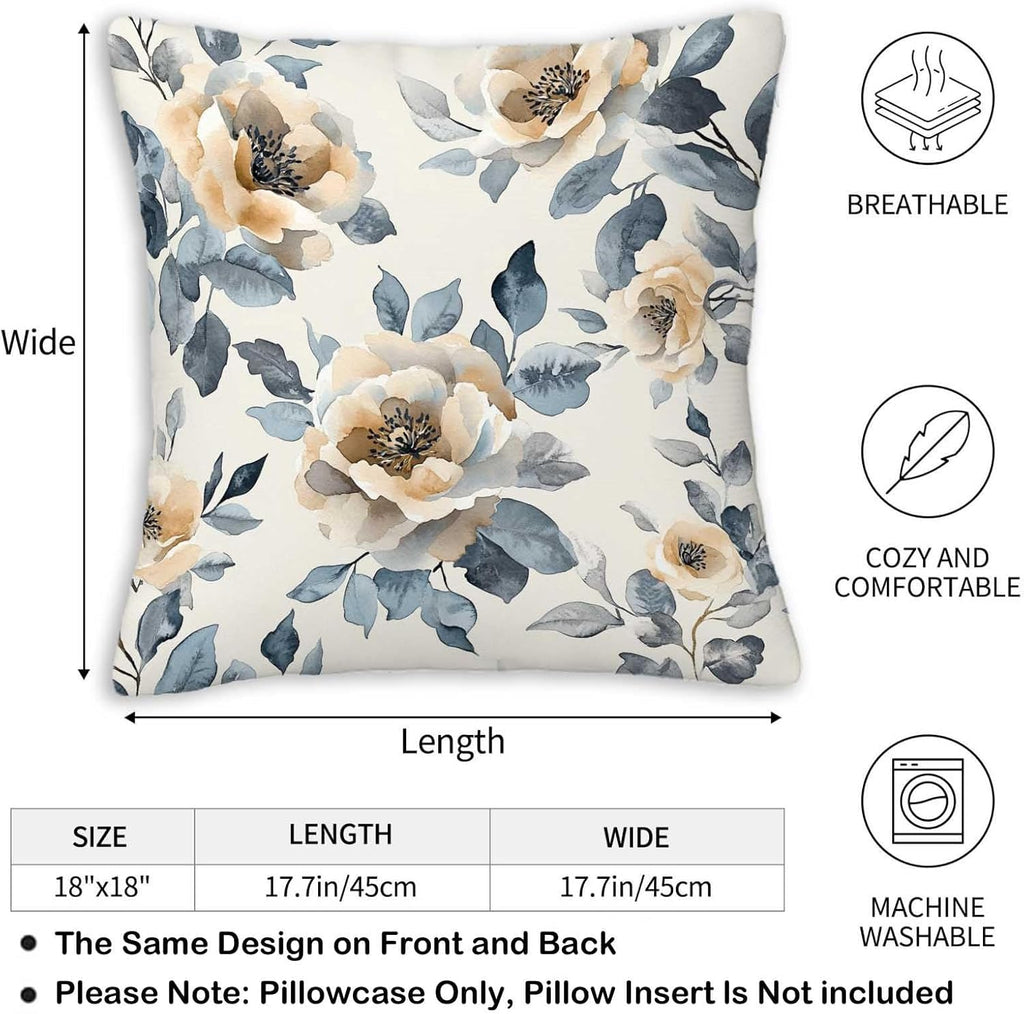 Throw Pillow Covers 18x18 Set of 2, Flowers Cushion Covers, Decorative Square Pillowcases for Couch, Bedroom, Living Room