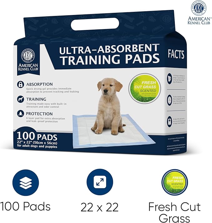 American Kennel Club Scented Puppy Training Pads with Ultra Absorbent Quick Dry Gel – 22 x 22 Pee Pads for Dogs - Grass Scented - 100 Count