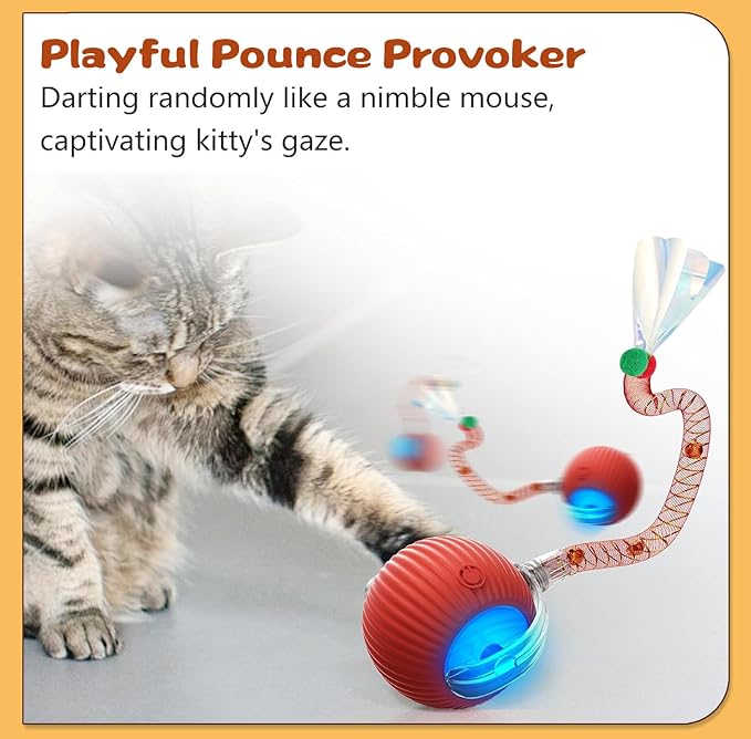 Interactive Cat Toys for Indoor Cats, Speedy Moving Ball Cat Toys with Colorful Tail, Smart Interactive Cat Rolling Ball (Red)