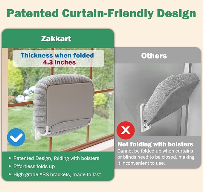 Zakkart SnugCloud Foldable Cat Window Perch - Cordless, Ultra Soft Machine Washable Bed with 4-Sided Bolster, Metal Frame - Window Hammock for Large Cats and Kittens (Brown, Medium)