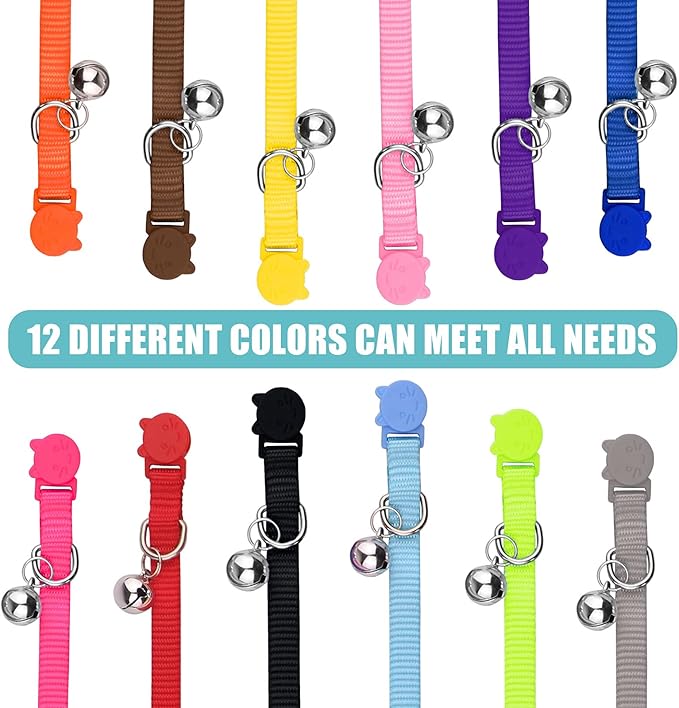 12 PCS Breakaway Cat Collars with Bell Colorful Soft Safety Buckle Cat Collars Adjustable Breakaway Kitten Collars Safety Collars for Cats (12 Colors)