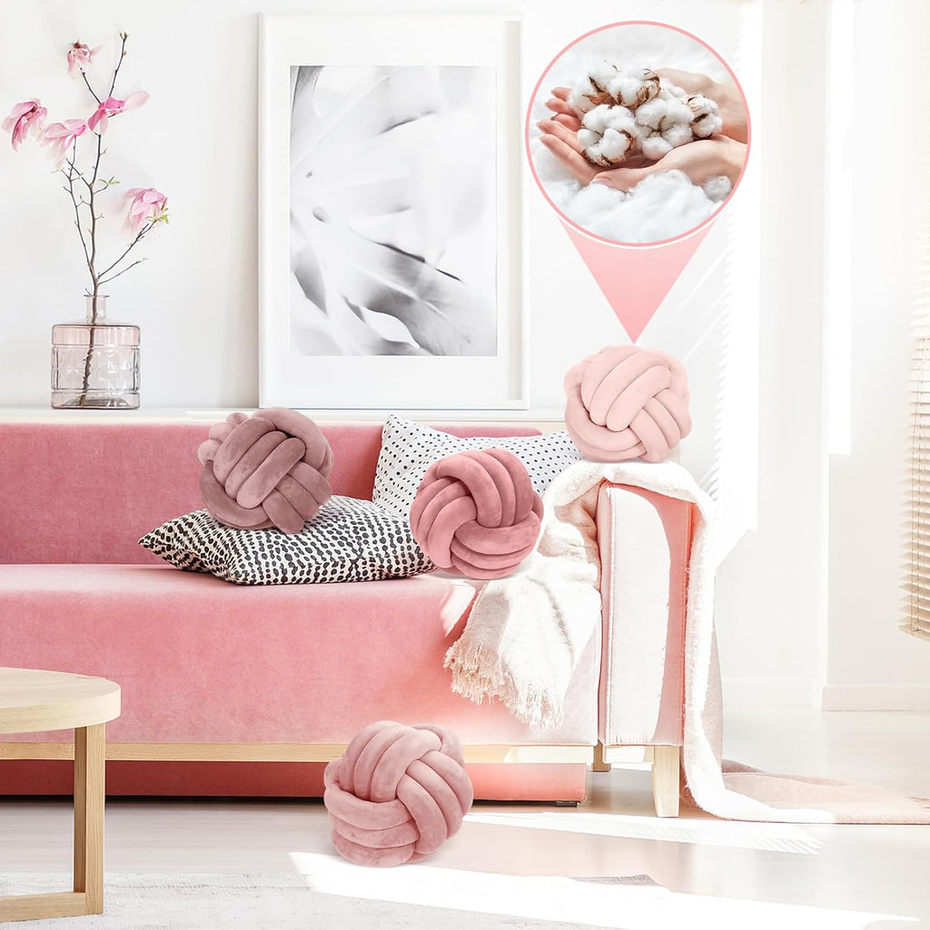 Yerliker 4 Pcs Knot Pillow Ball, 8.7 Inches Soft Home Decorative Round Throw Pillow Handmade Knotted Plush Accent Cushion Gifts for Nursery Decor Home Bed Sofa Bedroom Decoration