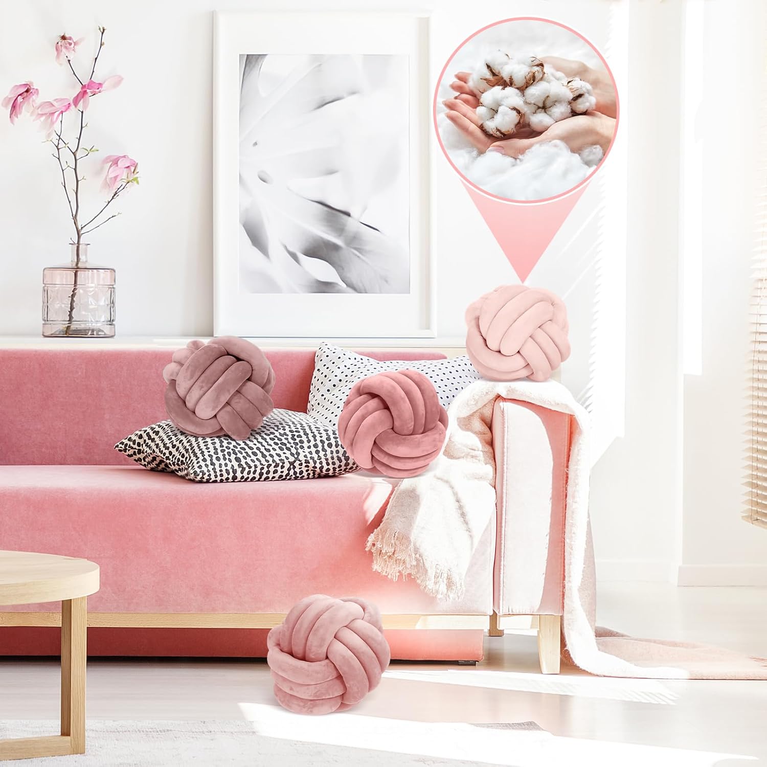 Yerliker 4 Pcs Knot Pillow Ball, 8.7 Inches Soft Home Decorative Round Throw Pillow Handmade Knotted Plush Accent Cushion Gifts for Nursery Decor Home Bed Sofa Bedroom Decoration