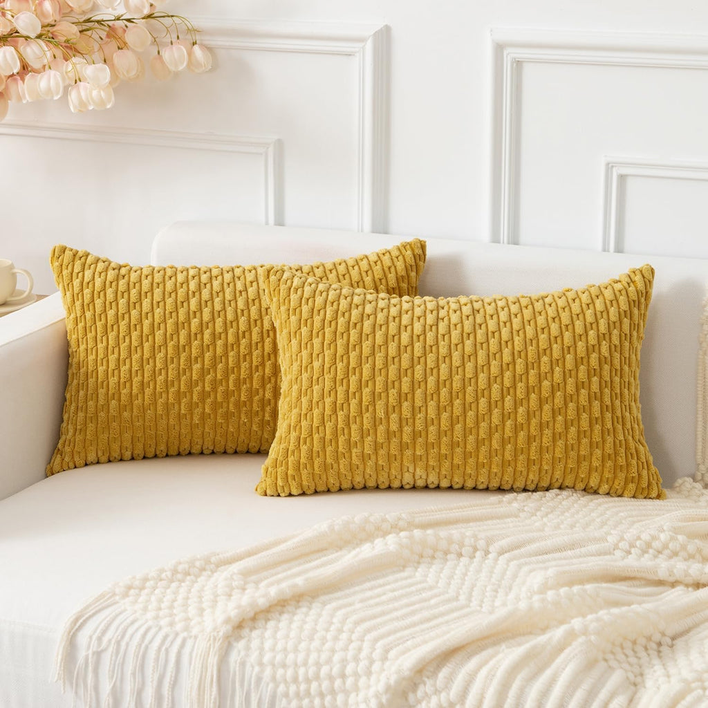 Kevin Textile 12x20 Inch Pillow Cover 1 Pack Boho Decorative Soft Striped Corduroy Lumbar Farmhouse Color Accent Rectangle Cushion Case for Living Room Couch Sofa Bed, Mustard Yellow