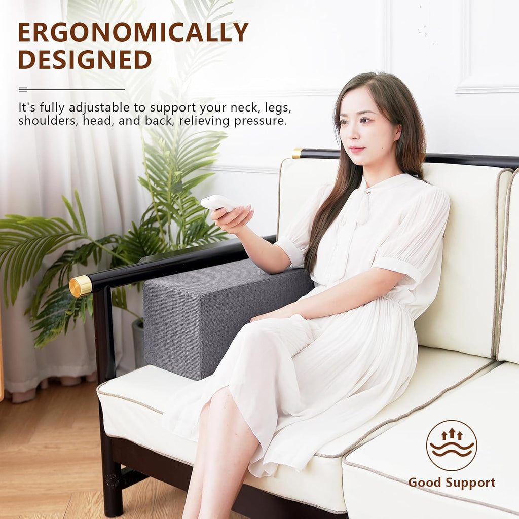 2 Pack Couch Arm Rest Pillow, 6''x6''x20'' Linen Cover, High Density Foam Armrest Cushion, Removable & Washable Elbow Support for Sofa, Bed, and Armchair (Grey)