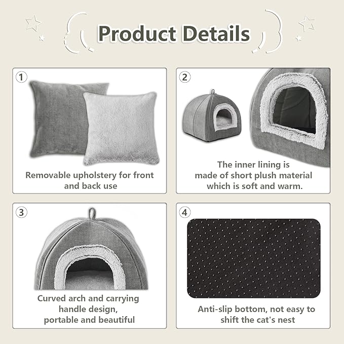 Cat Bed Cave-Cat Beds for Indoor Cats,Kittens and Large Pets,Foldable and Washable with Removable Cushioned and Anti Slip Bottom(Large,Grey)