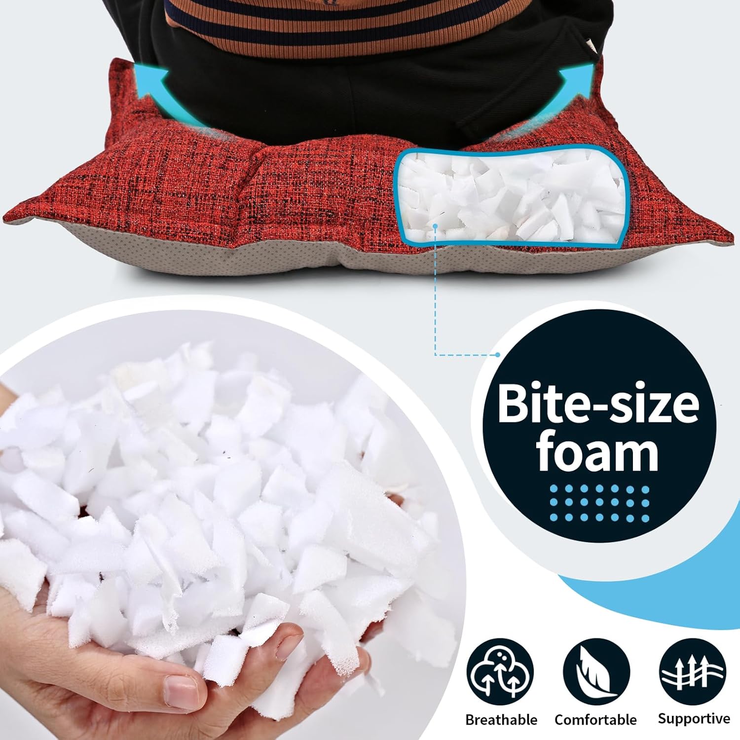 SINSOSSO Large Floor Pillows 22", Thickened Bite-Size Memory Foam Square Non-Slip Cushions for Office Back Support/Yoga/Chair Seat, Fashionable Color-Blocked Fabric & Washable, Red, 2 PCS