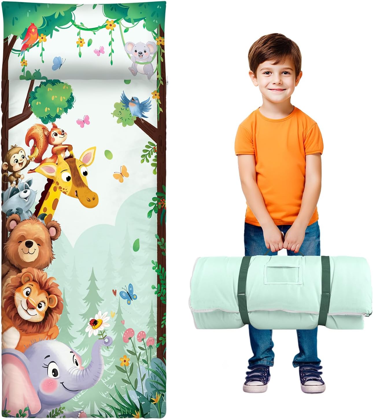 Toddler Nap Mat Kids Sleeping Bag 59‘’×24‘’, Soft Slumber Bag with Removable Pillow for Kids Girls Boys,Roll Up Sleeping Mat Lightweight for Camping,Daycare, Kindergarden