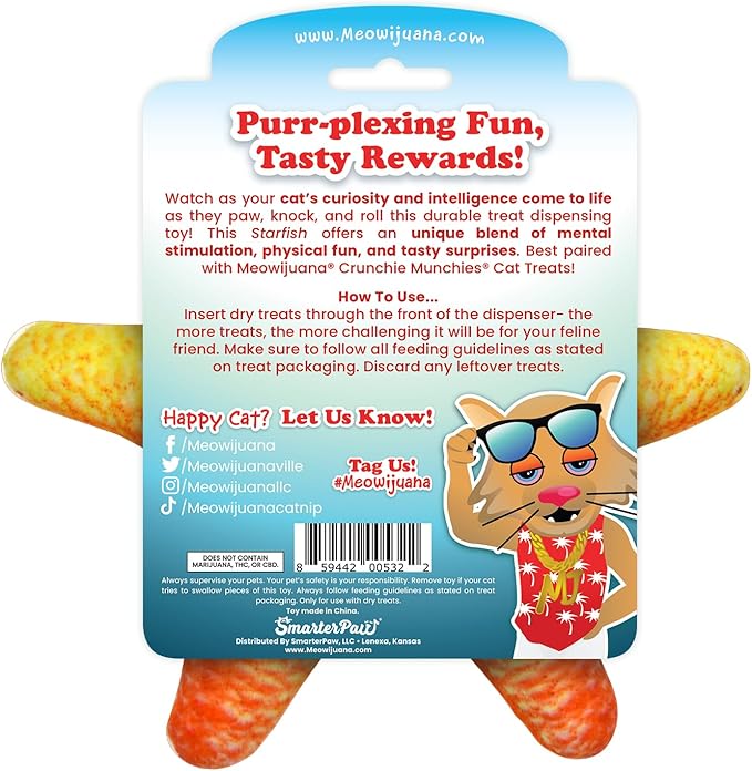 Meowijuana Knock N' Nibble Starfish | Refillable Treat Dispensing Cat Toy | Promotes Play and Cat Health | Interactive Puzzle Toy for Felines