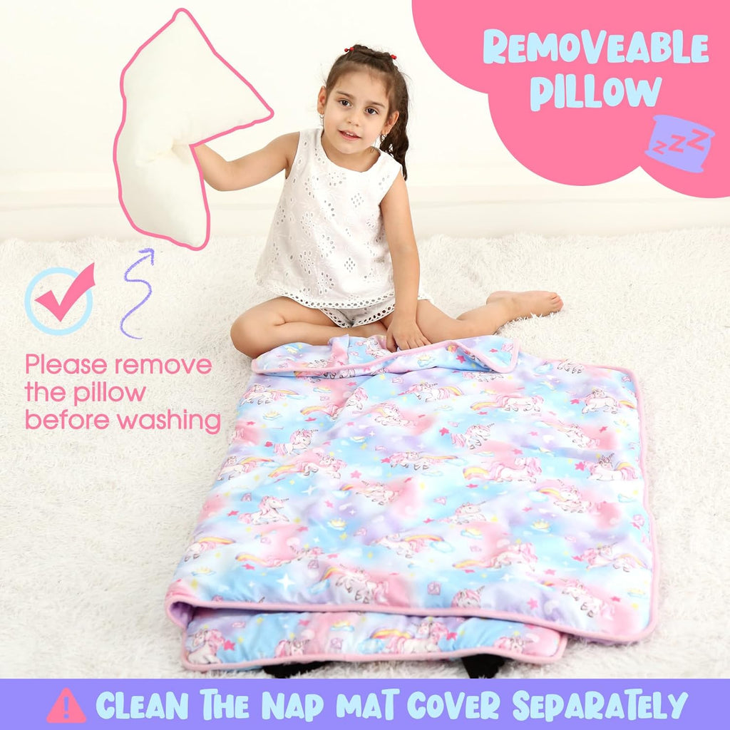 ACRABROS Toddler Nap Mat with Pillow and Blanket, Extra Large Rolled Napping Mats,Slumber Bags for Boys Girls,Kids Sleeping Bag for Daycare, Preschool Travel Camping,Colorful Unicorn