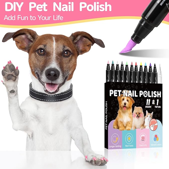 Dog Nail Polish，Gel Top Coat, 11 Colors Nail Polish Pens Quick Dry And 1 TOP Gel Pen Set, Non Toxic Dog Accessories,DIY Dogs Puppy Nails,Quick Dry, Long Lasting