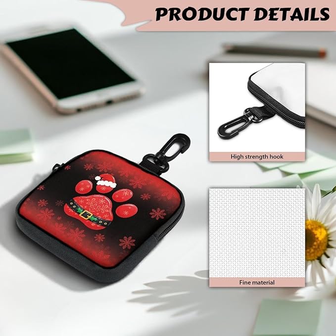 KEIAHUAN Christmas Paw Print Dog Treat Pouch Dog Training and Walks Snack Bag with Clasp Christmas Theme Pet Treat Container, Zipper Closure, Xmas Keychain Pouch Small Coin Bag