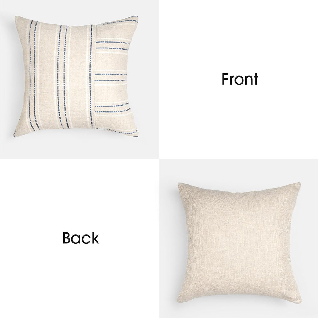 AELS 22x22 Decorative Farmhouse Linen Throw Pillow Covers, Boho Textured Pillow Case, Set of 2,Beige with White & Navy Blue Stripe Patchwork Cushion Cover for Sofa Couch Living Room(Cover ONLY)