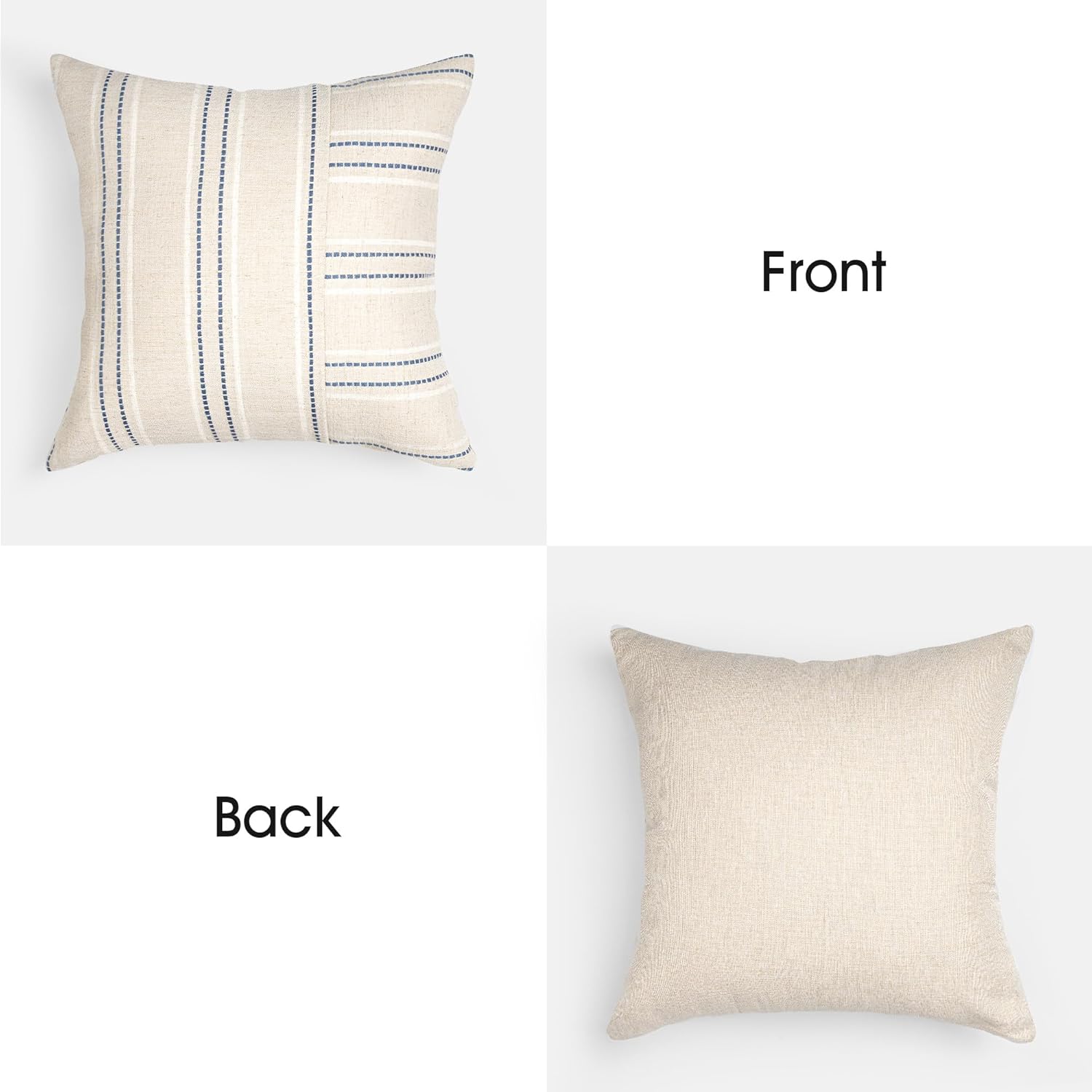 AELS 22x22 Decorative Farmhouse Linen Throw Pillow Covers, Boho Textured Pillow Case, Set of 2,Beige with White & Navy Blue Stripe Patchwork Cushion Cover for Sofa Couch Living Room(Cover ONLY)