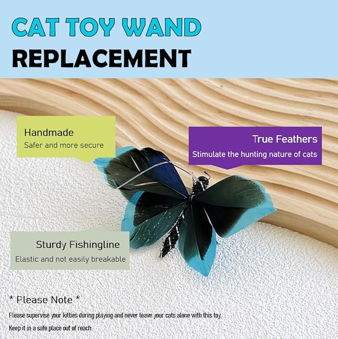 Cat Insect Feather Toys Replacement - 2 Pcs Handmade Natural Butterfly - Cat Toy Wand Refills - Interactive Kitten Teaser Wand Attachments - Cat Toys for Indoor Cats Play