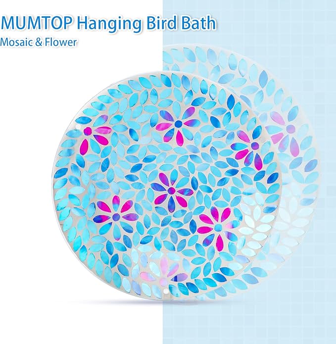 MUMTOP Mosaic Hanging Bird Bath-Bird Baths for Outdoors - 12 Inch Glass Bird Water Bowl Bird Feeders for Outside, Garden, Lawn Yard Decor（Blue）
