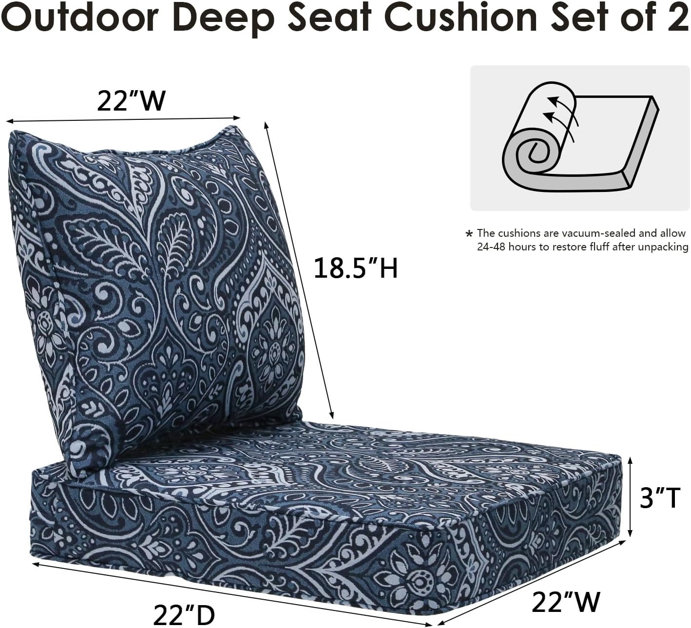 Outdoor Patio Chair Cushions Set, 22" x 22", Set of 2, Water-Repellent, Fade Resistant, Deep Seat Bottom and Back Cushion for Backyard, Couch, Sofa and Patio Furniture, Damask Blue Flower