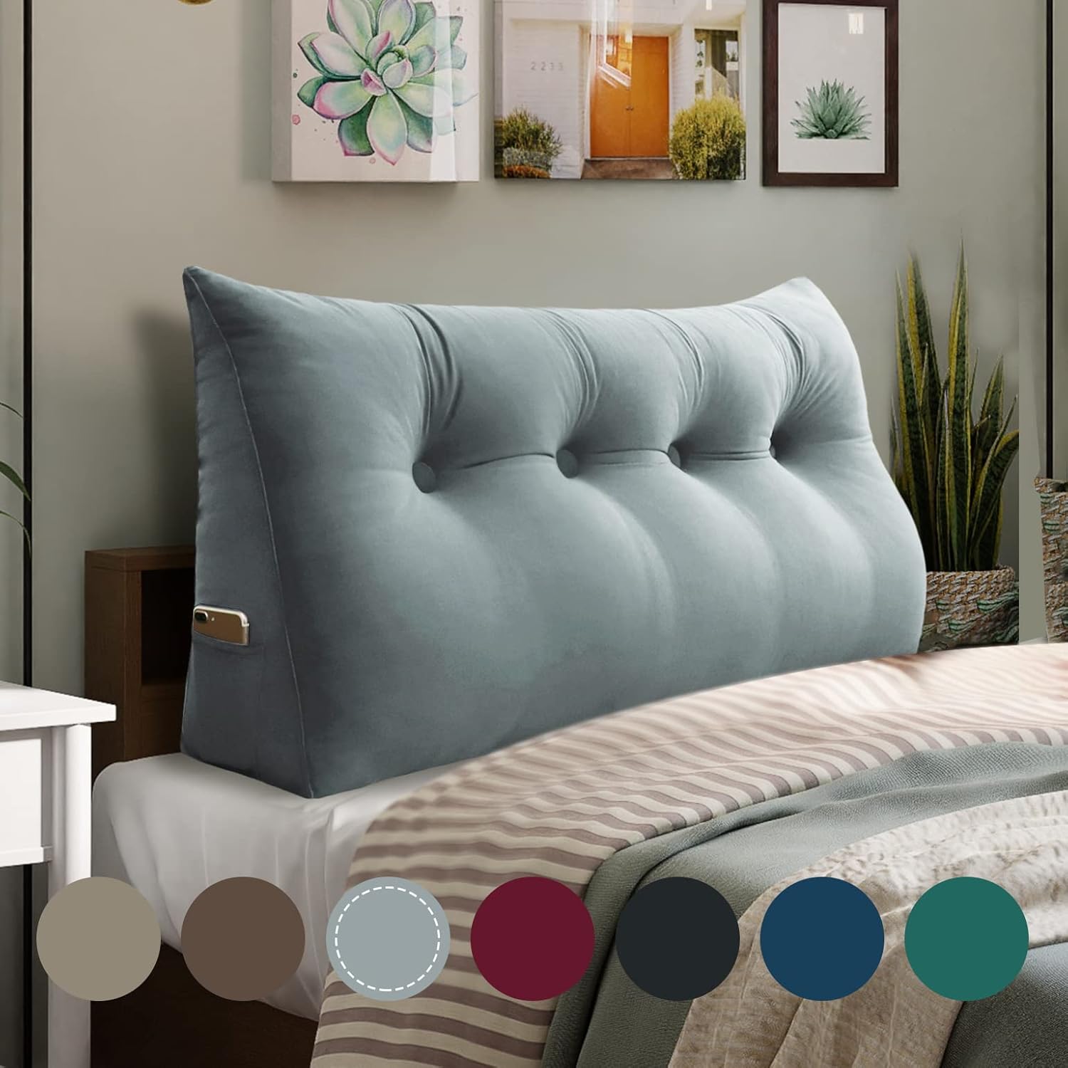 Wedge Headboard Pillow Dorm Room Reading Pillow Back Support for Sitting Up in Bed Bolster Lumbar Cushion Body Positioning Bedrest Velvet 54in Light Gray Full