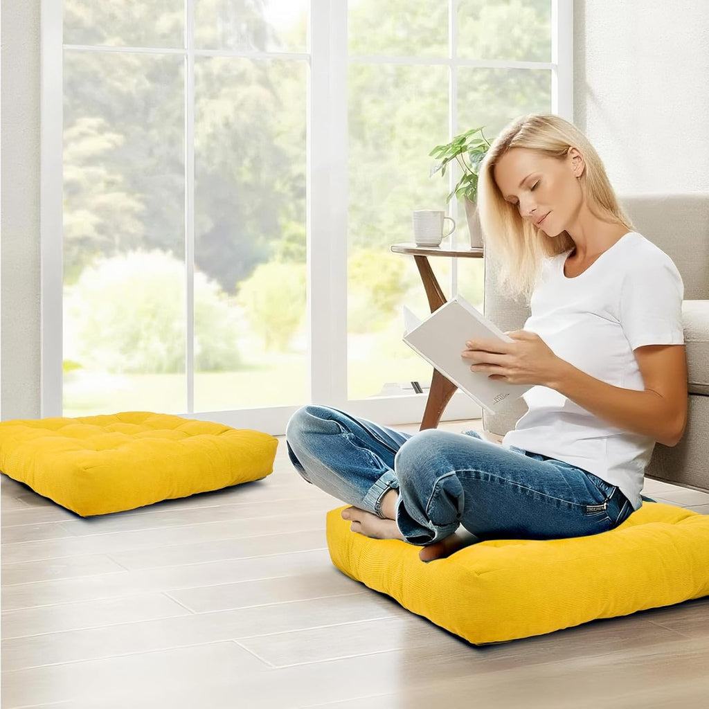 Meditation Floor Pillow Set of 2, Square Large Pillows Seating for Adults, Tufted Corduroy Cushion for Tatami Living Room, 22x22 Inch FP-Yellow
