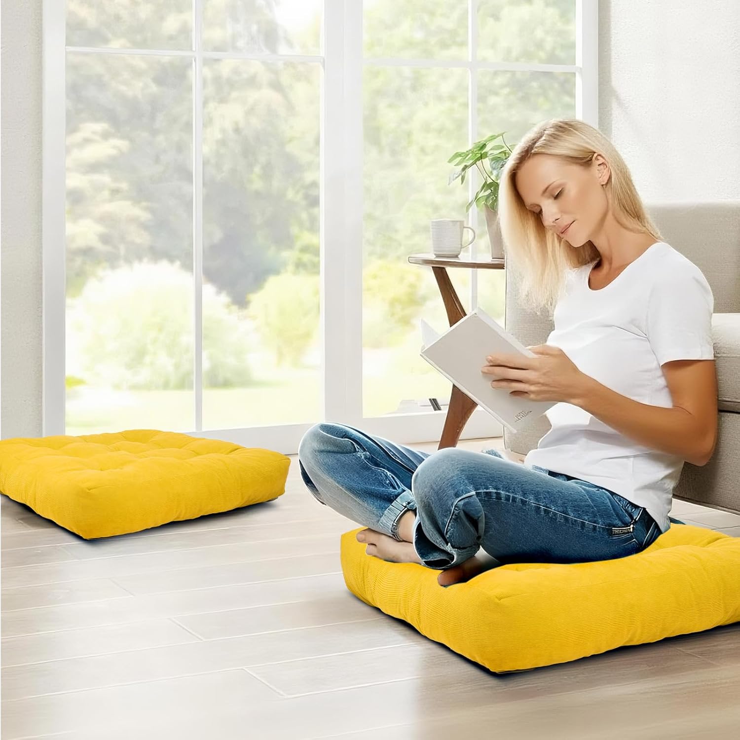 Meditation Floor Pillow Set of 2, Square Large Pillows Seating for Adults, Tufted Corduroy Cushion for Tatami Living Room, 22x22 Inch FP-Yellow