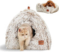 CATISM Cat Bed, Cat Cave for Indoor Cats, Soft Cat Dome, Self-Warming 2 in 1 Foldable Pet Cat House with Washable Cushioned Pillow Calming Fluffy Dog Beds for Small Dogs with Anti-Slip Bottom Brown L