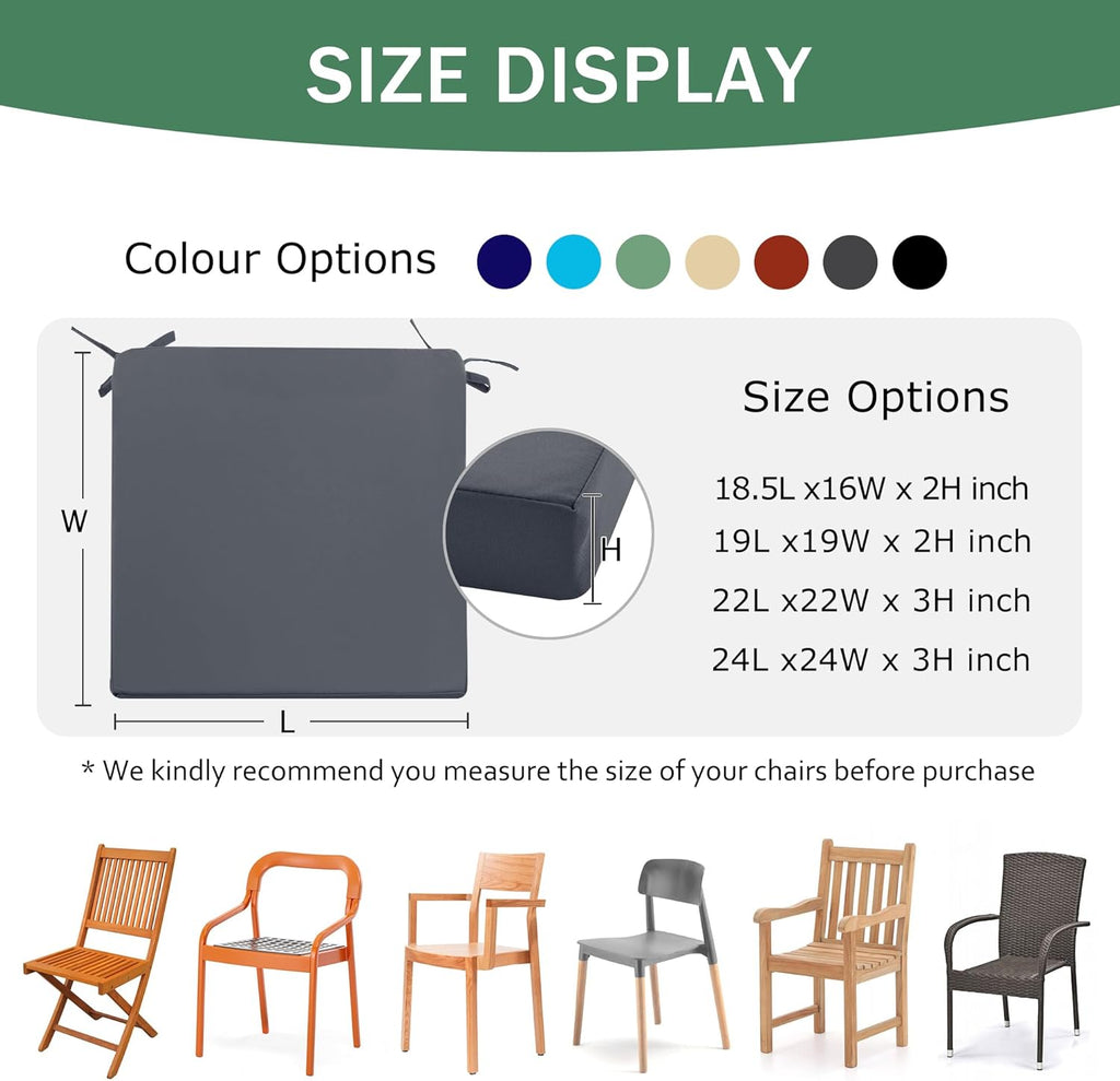 Outdoor Chair Cushions Set of 4: Waterproof & Fade Resistant Deep Seat Cushion for Patio Furniture - 24 x 24 Inch Chair Pads with Ties and Hidden Zipper - Patio Chair Cushion Replacement, Dark Grey