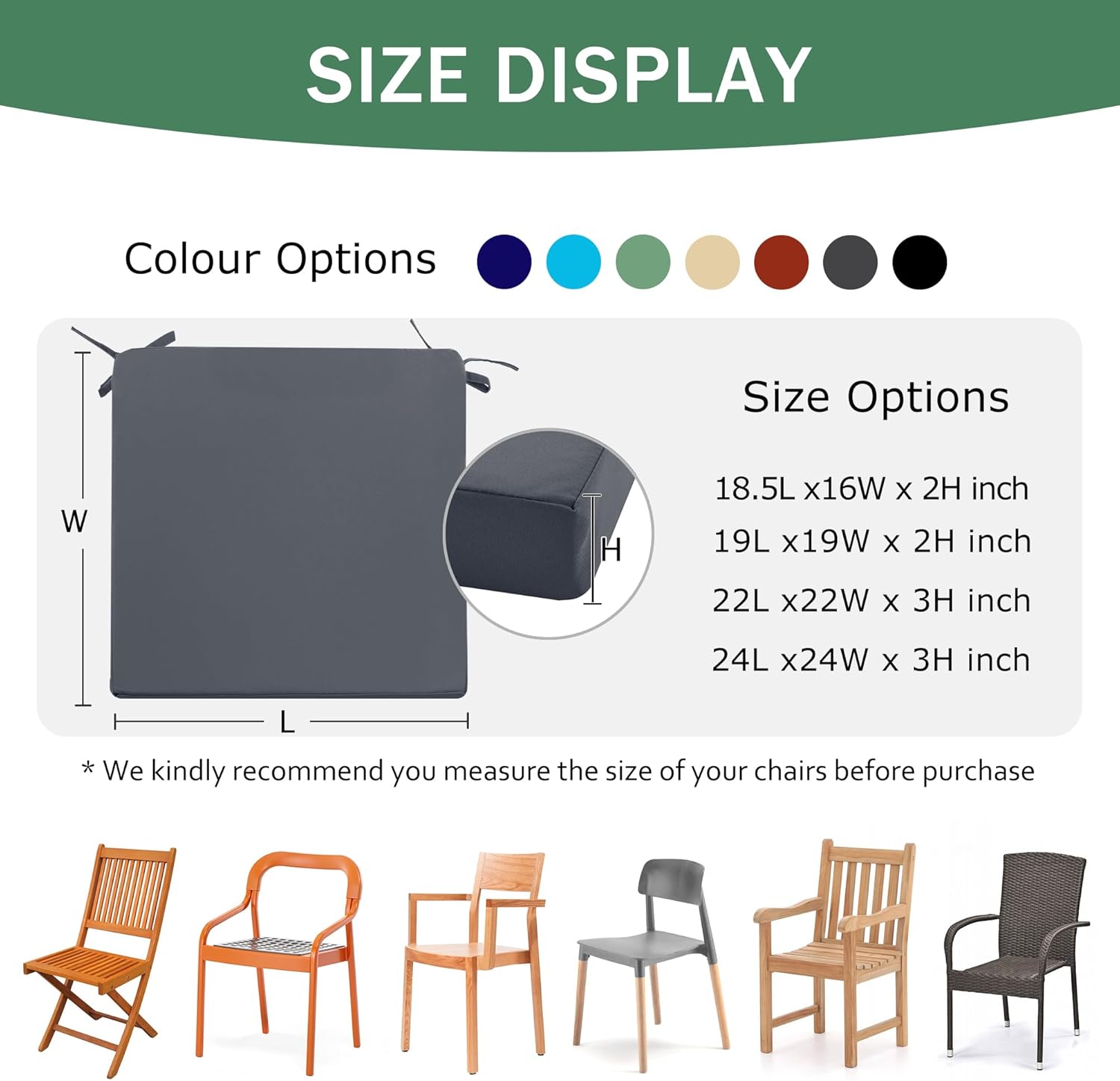 Outdoor Chair Cushions Set of 4: Waterproof & Fade Resistant Deep Seat Cushion for Patio Furniture - 24 x 24 Inch Chair Pads with Ties and Hidden Zipper - Patio Chair Cushion Replacement, Dark Grey