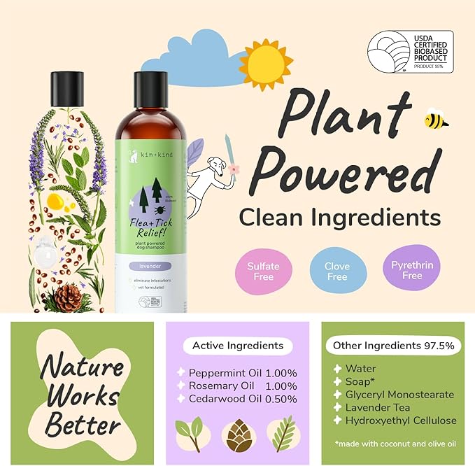 kin+kind Flea and Tick Shampoo for Dogs Vet Formulated - Plant Powered, Safe and Effective Dog Shampoo with Coconut and Olive Oil - Lavender Scent - Prevent Fleas and Ticks - Made in USA 12 fl oz