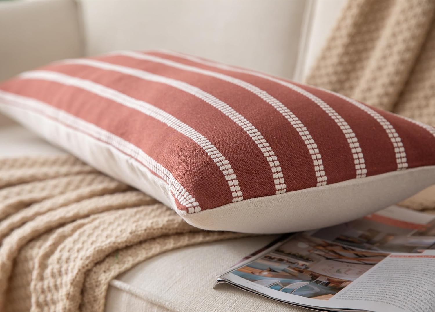 Caflife Boho Lumbar Throw Pillow Cover 14X36 Long Soft Farmhouse Decorative Couch Pillow Cases Rust Striped Body Pillow Covers Neutral Cushion Covers for Sofa Bed Living Room Home Decor Pack of 1