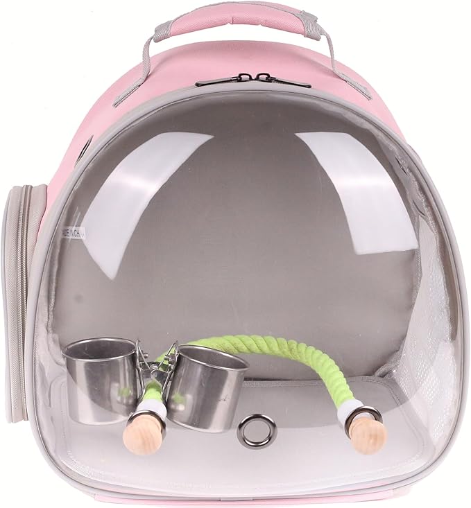 halinfer Small Bird Travel Backpack Carrier Cage with Cups, Backpack to Transport Backpack Carrier with Clamp Cups Stand Perch for Parakeet Cockatiel Budgies Vet Carry Book Bag Pink
