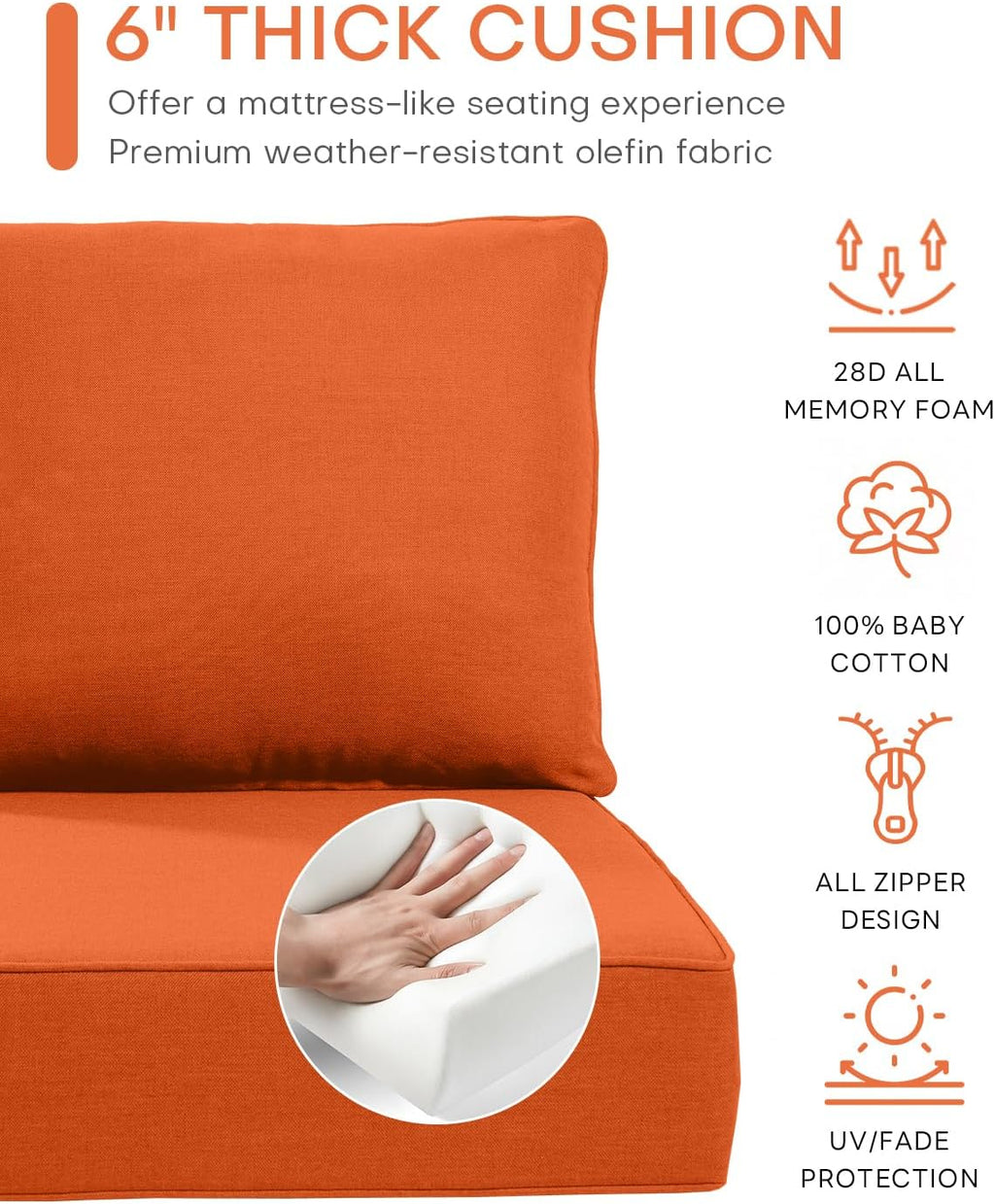 Luxury 22x24/22x25 6-Inch Patio Chair Cushions Set of 3 - Memory Foam Deep Seat Water-Resistant Patio Cushion for Lawn Dining Rocking Swivel Chairs Loveseat 3-Seater Sectional Sofa - Orange